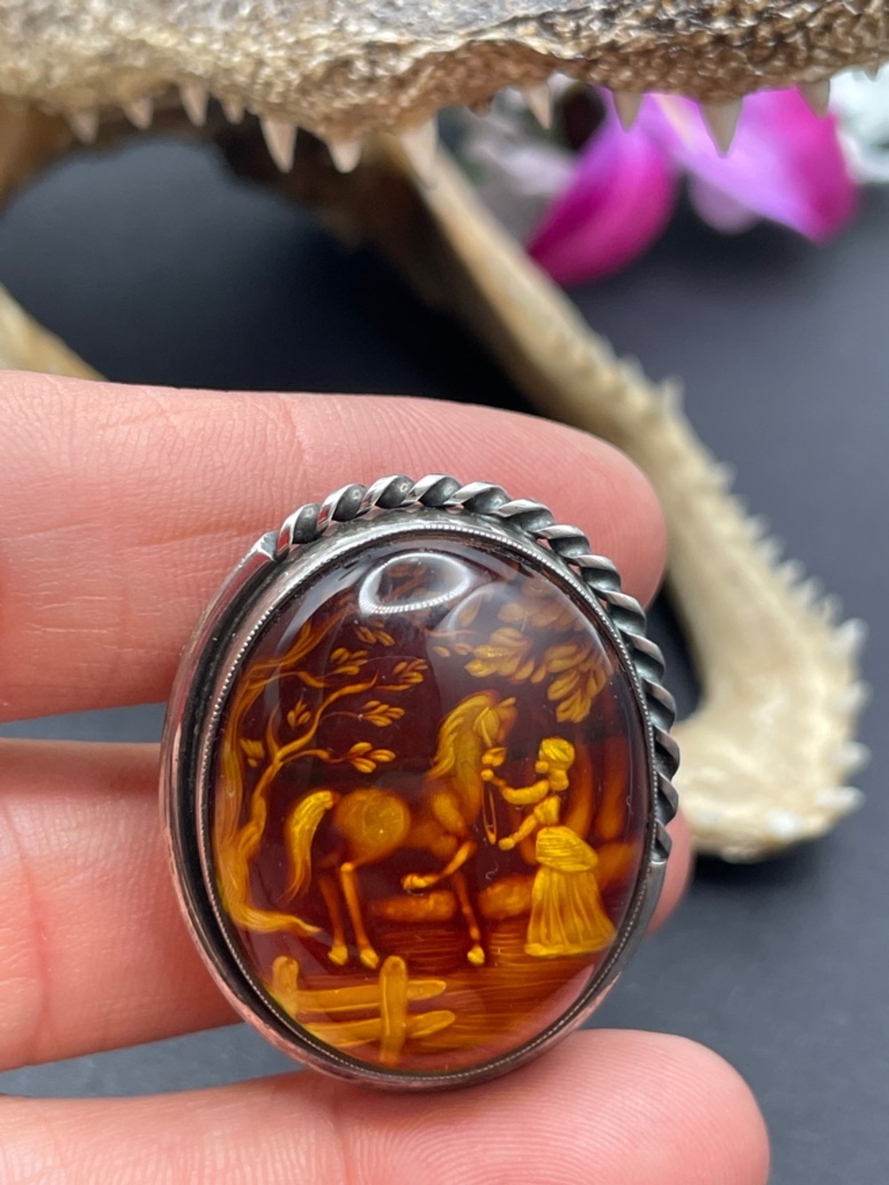 Amber carved horse and maiden scene set in 925 brooch vintage